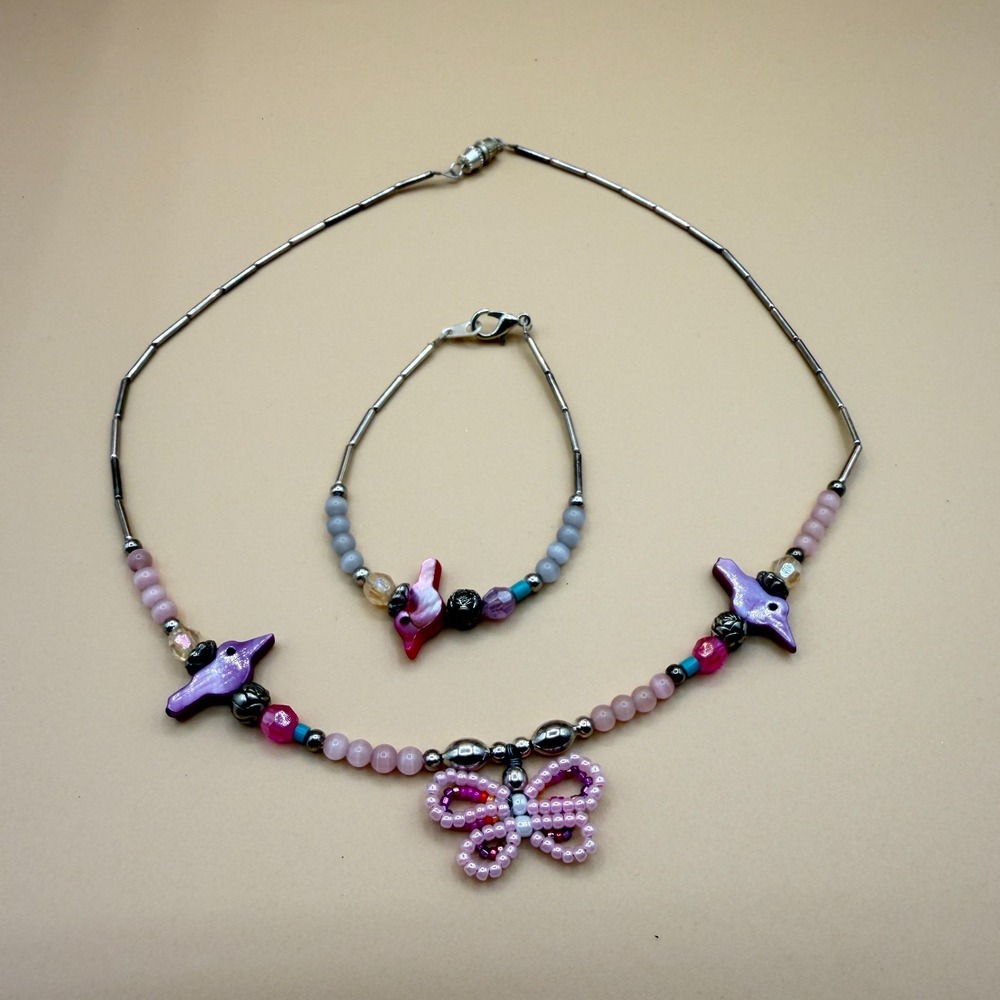 Pink Purple Bird Butterfly Beaded Necklace Bracelet Set Y2K Boho Statement Gift